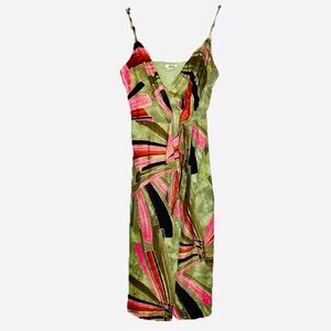Green and pink patterned midi dress with adjustable tie in the front #mi…
